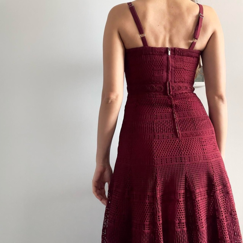 Sandro | Burgundy lace flared midi sleeveless cocktail dress | Size S - Picture 5 of 8
